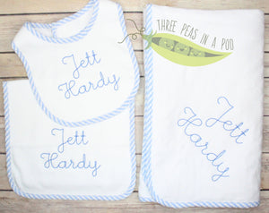 Blue Seersucker Trim Newborn Gift Set