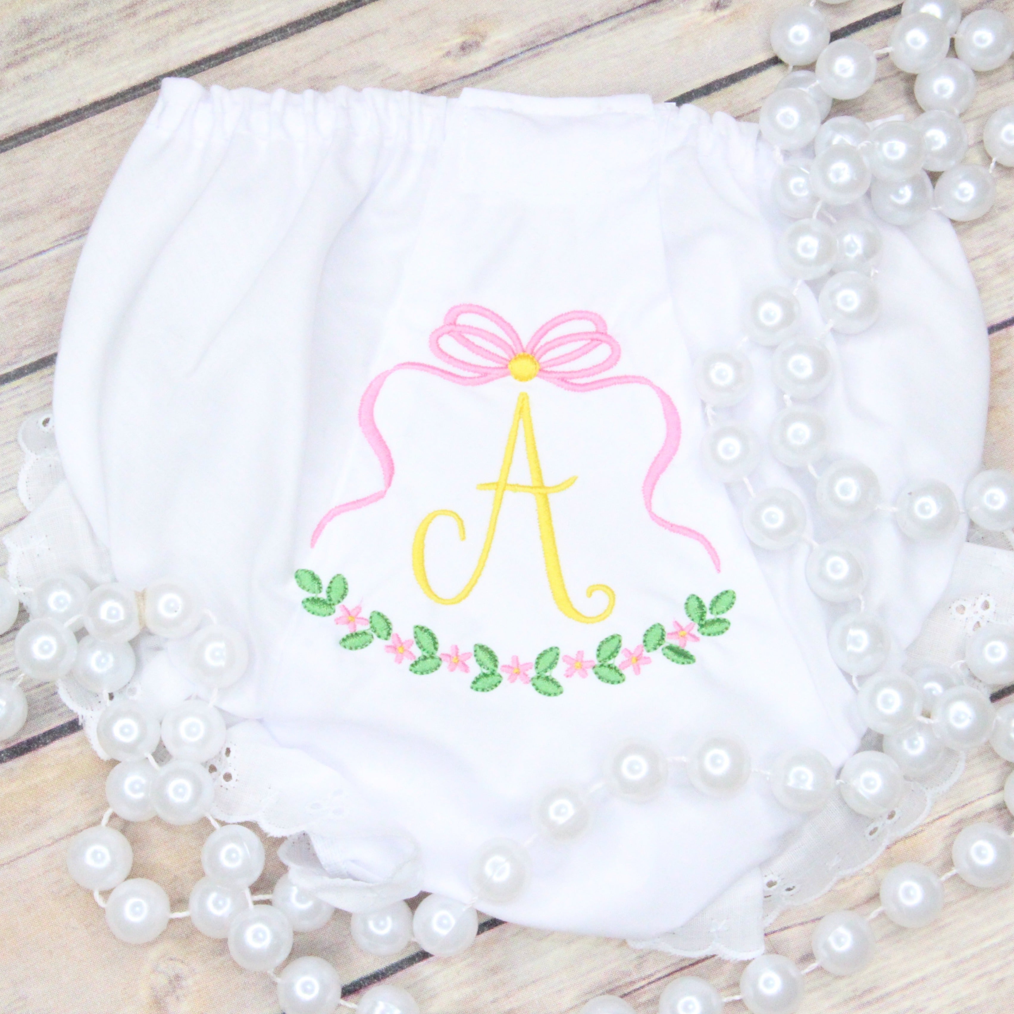 Floral Bow Baby Girl Monogrammed Bloomers