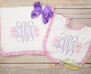 Pink Seersucker Trim Bib + Burp Cloth Set